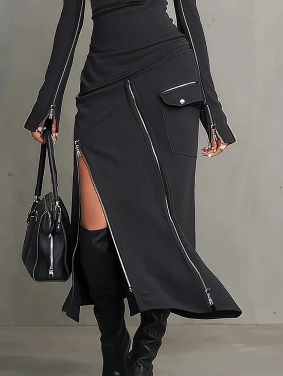 Plus Size Urban Zipper Plain Midi Skirt