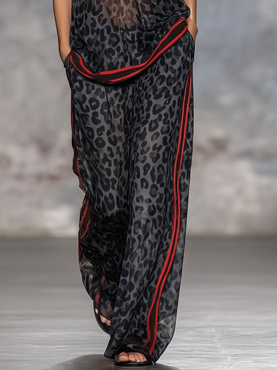 Casual Color Block Wide Leg Pants H-Line Natural Fit Daily