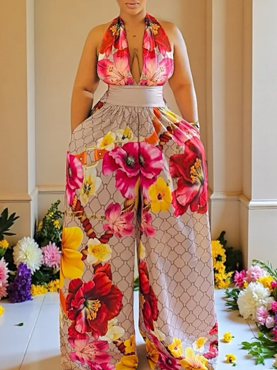 Vacation Printing Floral V Neck Jumpsuit