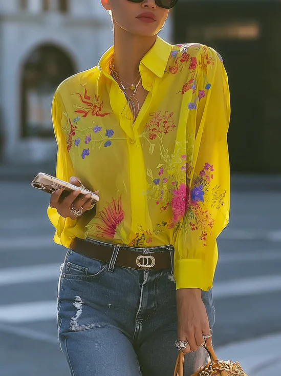 Vacation Floral Printing Shirt Collar Shirt