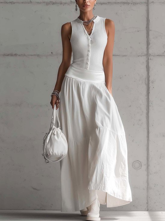 Casual Sleeveless Knitted Patchwork Cotton And Linen Maxi Dress