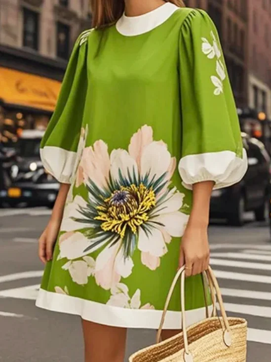 Vacation Floral Printing Crew Neck Mini Dress