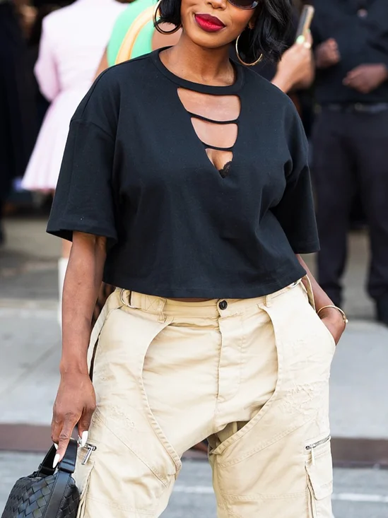 Cotton Casual Plain Hollow Out Crew Neck T-shirt