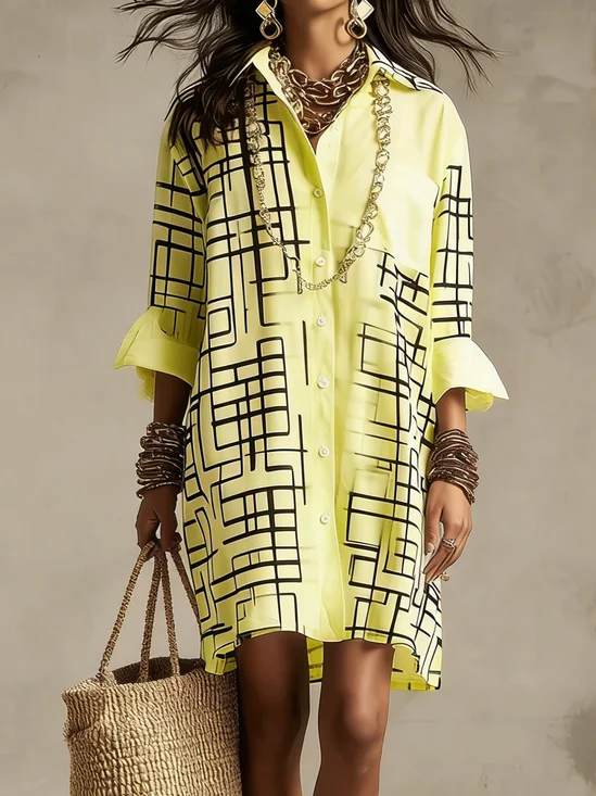 Casual Geometric Shirt Collar Mini Dress