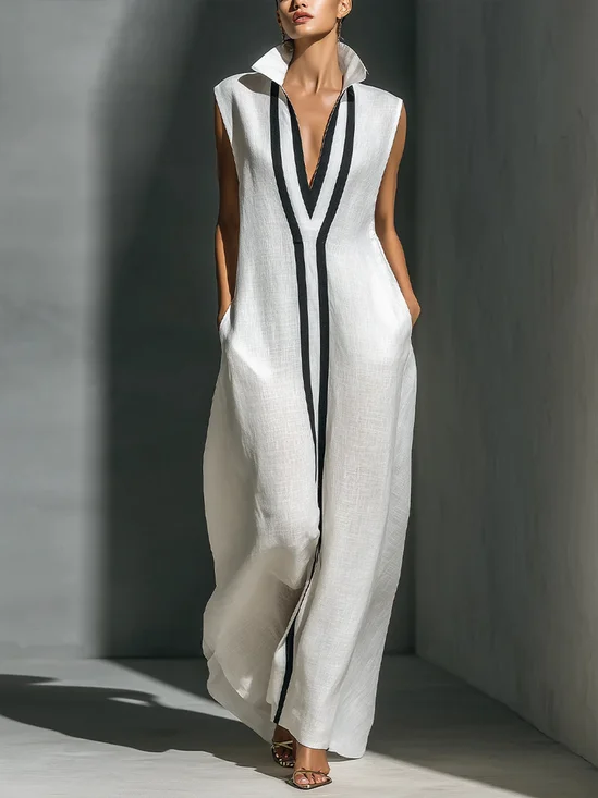 Cotton And Linen Casual Color Block Stand Collar Jumpsuit