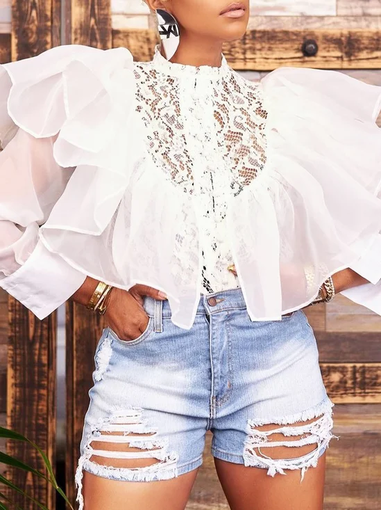 Urban Plain Lace Peplum Stand Collar Shirt