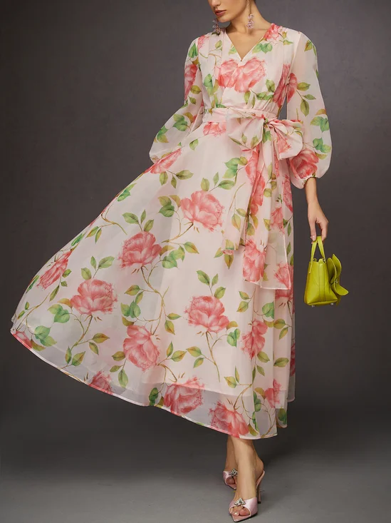 Elegant V-Neck Floral Print Cinched Waist Flowy Dress