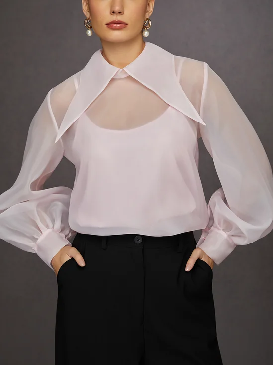 Elegant Organza Shawl Collar Lantern Sleeve Shirt
