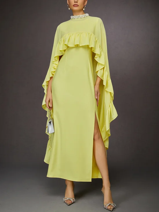 Elegant Pearl Embellished Tiered Ruffle Cape Two-Piece Set