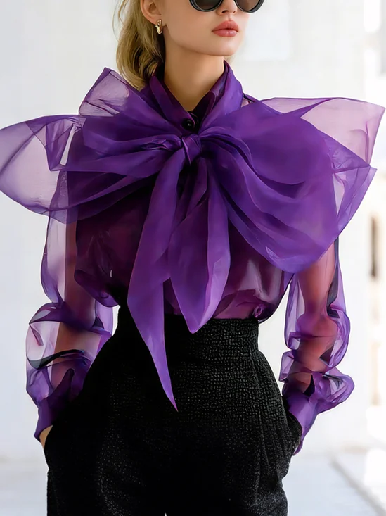 Elegant Plain Bow Blouse
