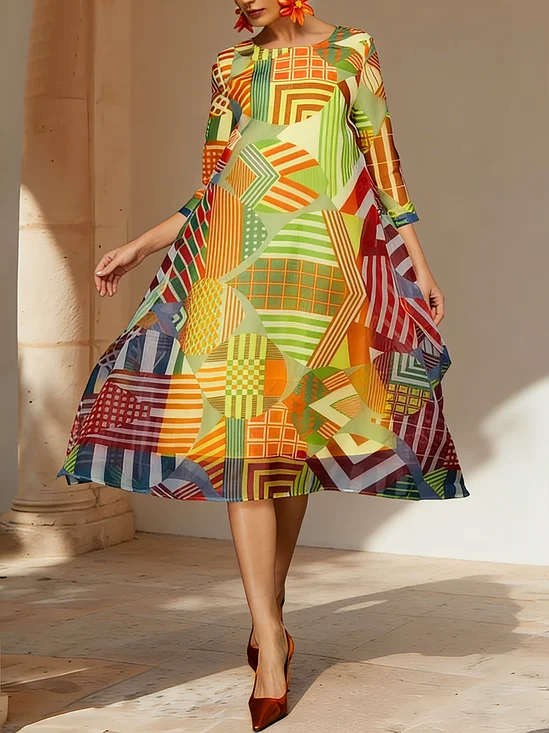 Vibrant Geometric Print Sheer Mesh Midi Dress