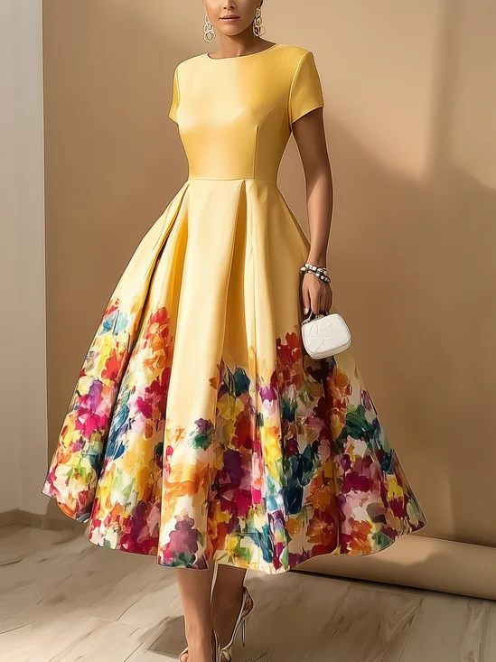 Elegant Floral Printing Crew Neck Midi Party Dress