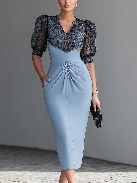 Elegant Color Block Puff Sleeve Split Joint V Neck Midi Dress