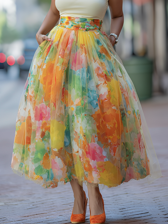 Elegant Printing Floral Midi Skirt