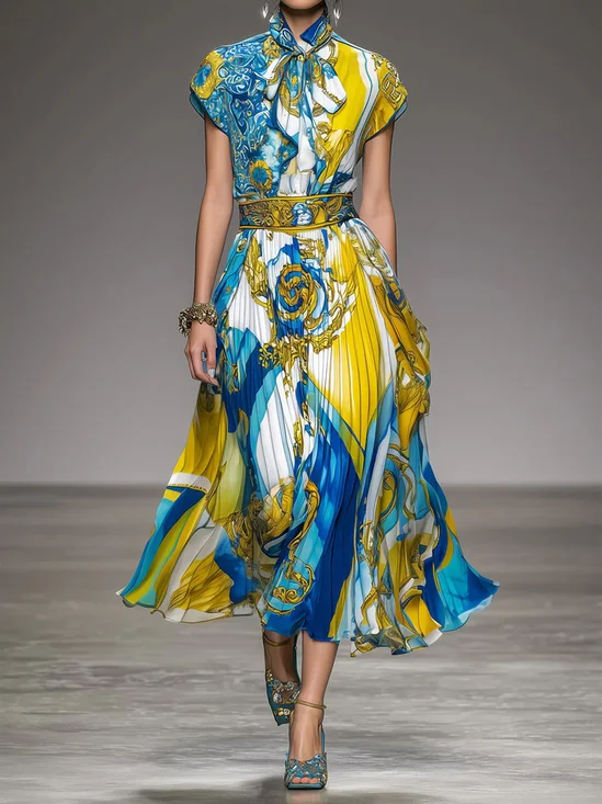 Elegant Barocco Print Pleated Tie Neck Midi Dress