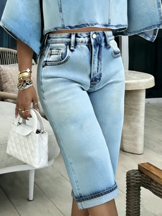 Plain Casual Denim Shorts