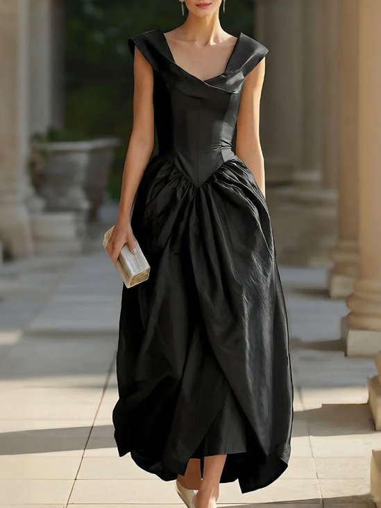 Elegant Plain Gathered V Neck Sleeveless Maxi Dress