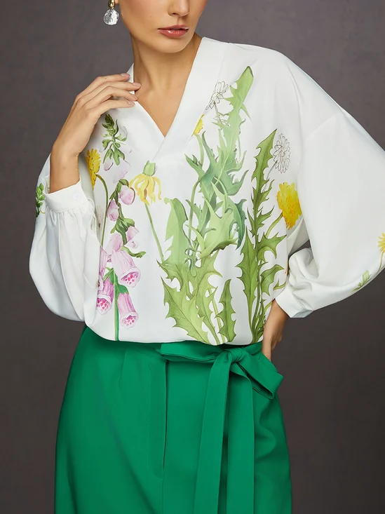 Elegant V-Neck Floral Print Silky Loose Blouse