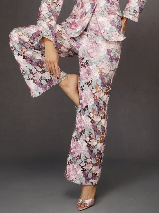 Elegant Floral Embroidered Straight Leg Cotton Pants