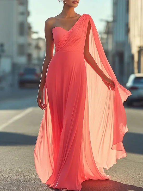 Elegant Plain Asymmetric One Shoulder Maxi Dress
