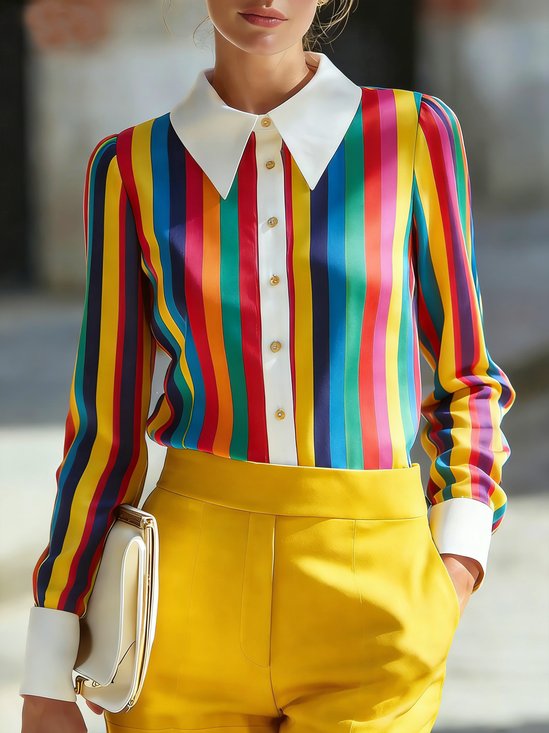 Elegant Striped Printing Shirt Collar Shirt
