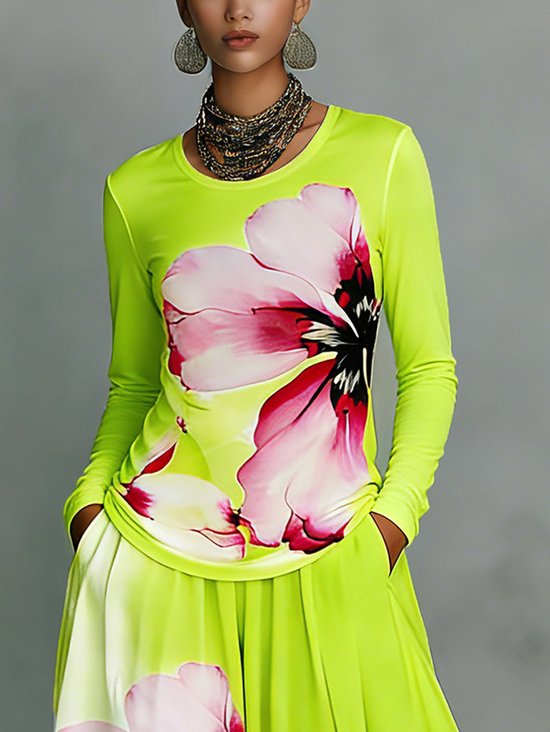 Plus Size Vacation Floral Printing Crew Neck T-shirt