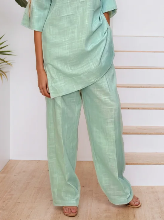 Cotton Casual Plain Wide Leg Pants