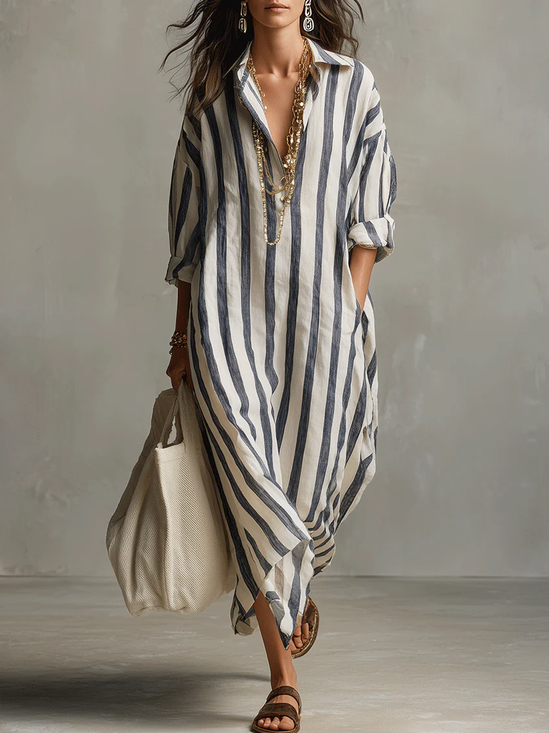 Casual Striped Shirt Collar Midi Dress