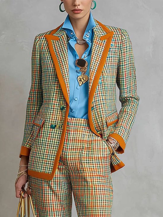 Plus Size Urban Printing Plaid Lapel Collar Blazer