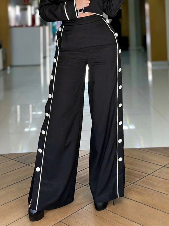 Casual Color Block Buttoned Wide Leg Pants