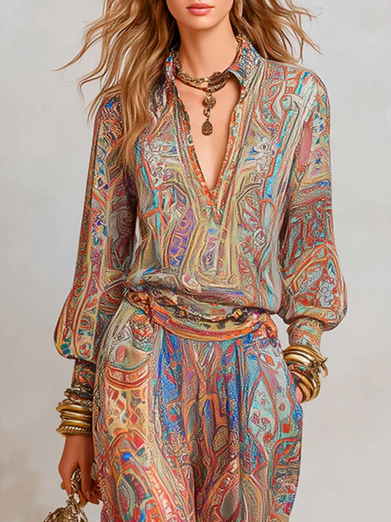 Elegant Paisley Printing Shawl Collar Puff Sleeve Blouse