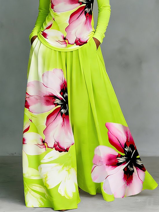 Plus Size Vacation Floral Printing Wide Leg Pants