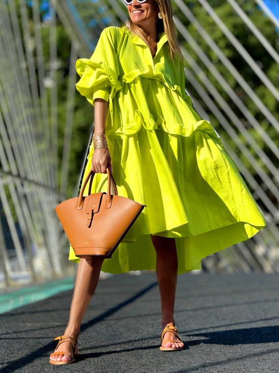 Elegant Plain Balloon Sleeve Peplum V Neck Midi Dress