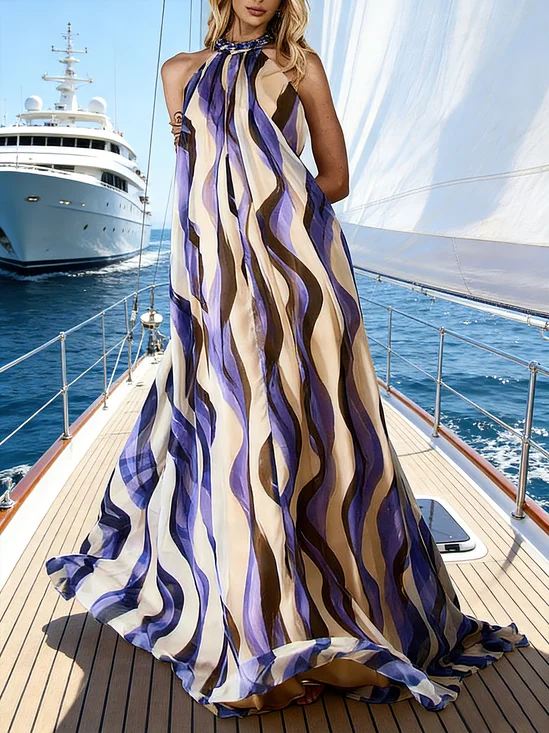 Vacation Random Print Printing Halter Maxi Dress