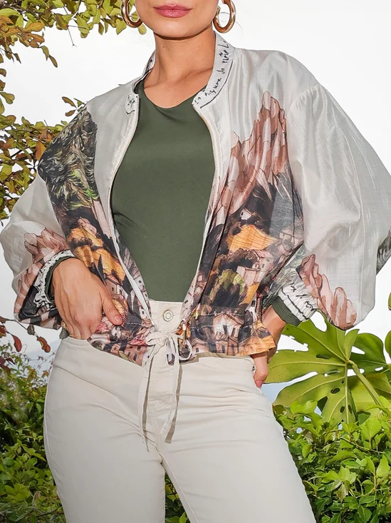 Casual Balloon Sleeve  Landscape Print Stand Collar Jacket