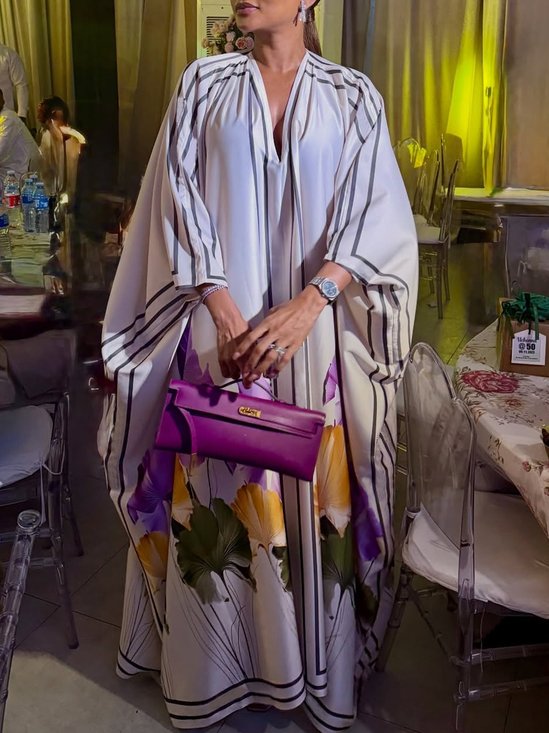 Elegant Floral Raglan Sleeves Printing V Neck Maxi Dress