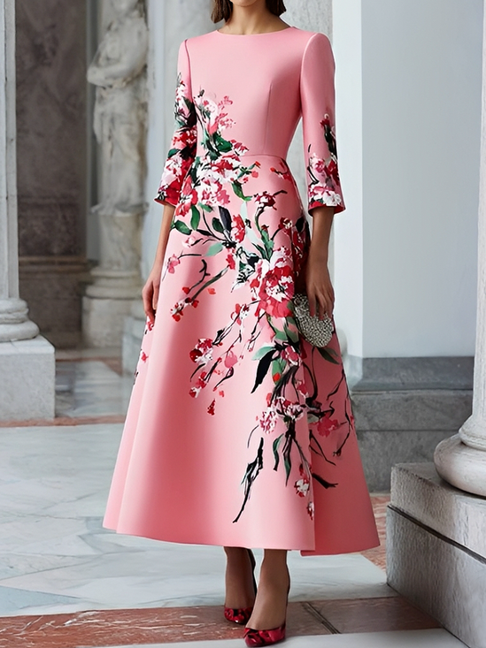 Elegant Floral Crew Neck Maxi Dress