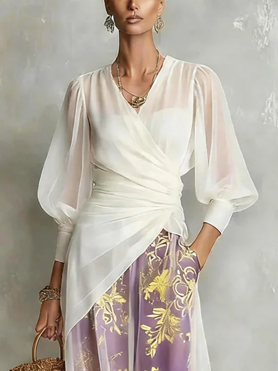 Urban Plain Ruched V Neck Blouse