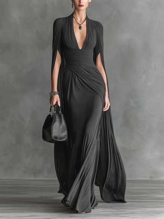 Elegant Plain Ruched V Neck Maxi Party Dress