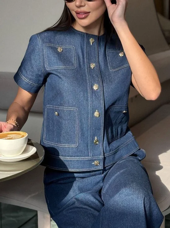 Urban Buttoned Plain Crew Neck Denim Jacket