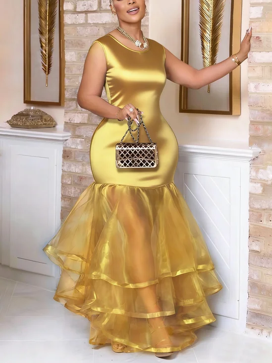 Elegant Plain Split Joint Crew Neck Maxi Party Dress