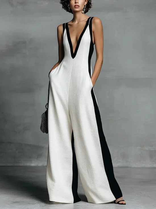 Cotton Casual Split Joint Color Block V Neck Tank Jumpsuit