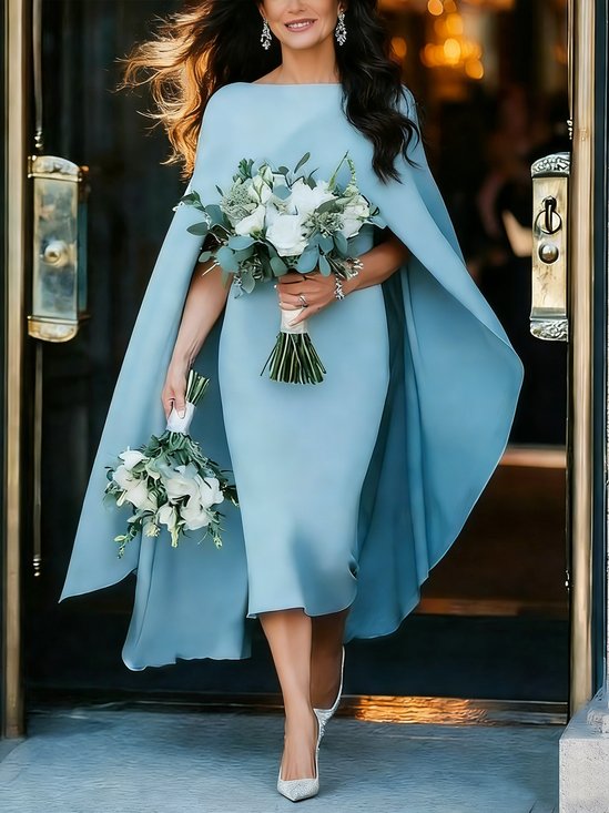 Elegant Plain Folds Boat Neck Midi Party Dress