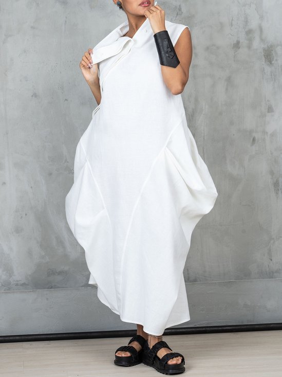 Cotton And Linen Casual Plain Stand Collar Maxi Dress