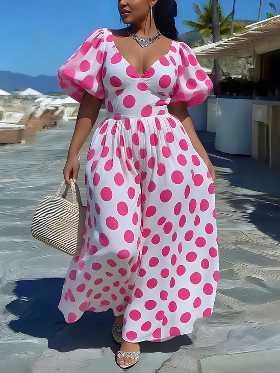 Vacation Polka Dots Puff Sleeve Printing V Neck Maxi Dress