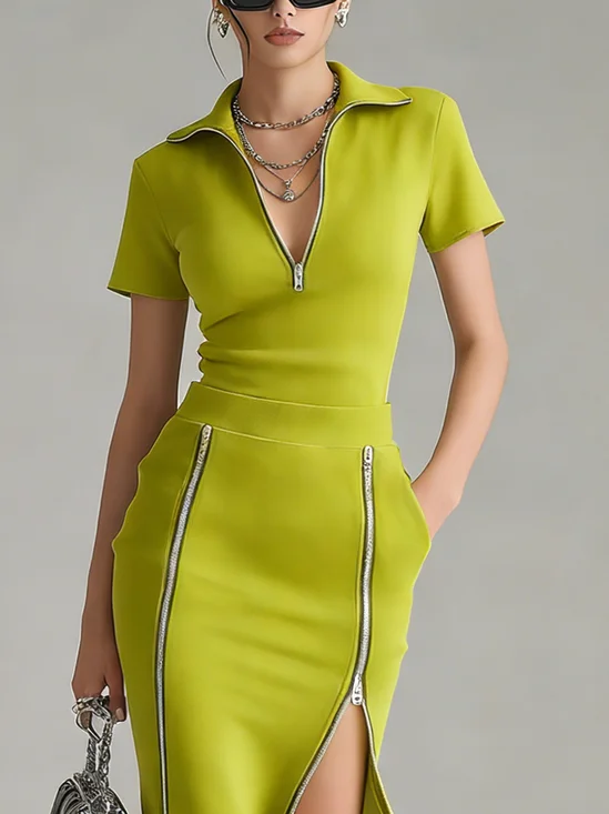 Urban Plain Zipper Shawl Collar T-shirt