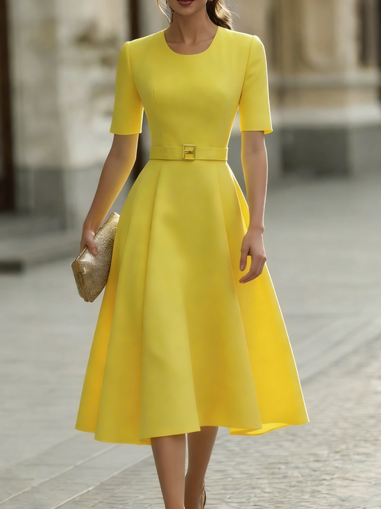 Elegant Plain Crew Neck Midi Dress With Belt