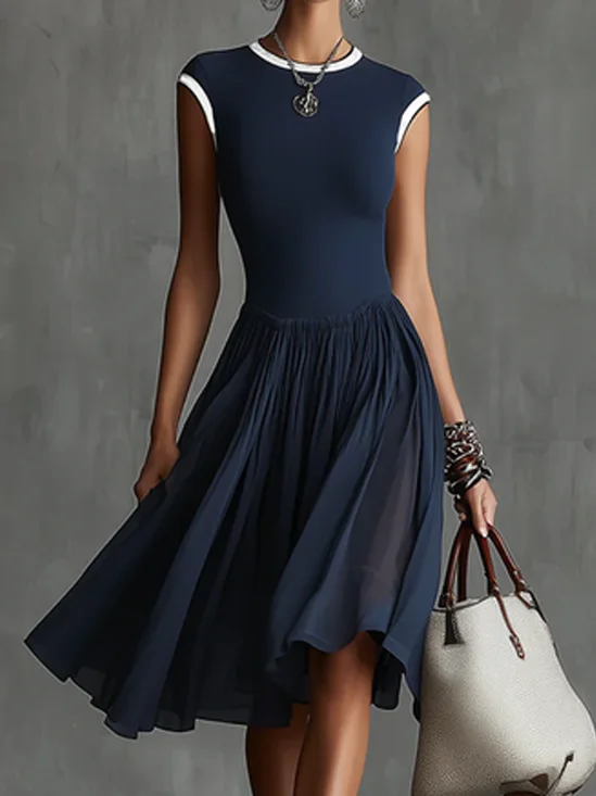 Urban Color Block Crew Neck Knee Length Dress