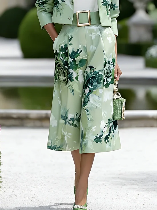 Urban Floral Printing Straight Pants With Belt