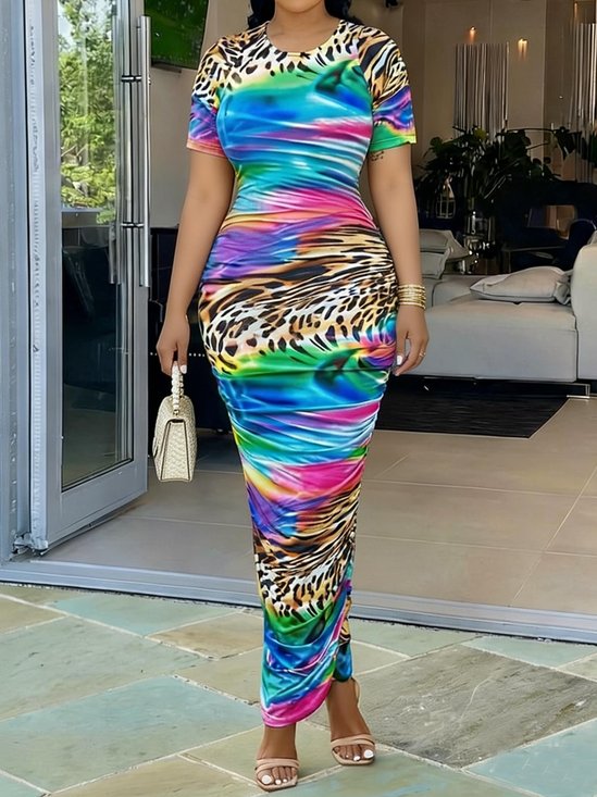 Urban Printing Gradient Pattern Crew Neck Maxi Dress